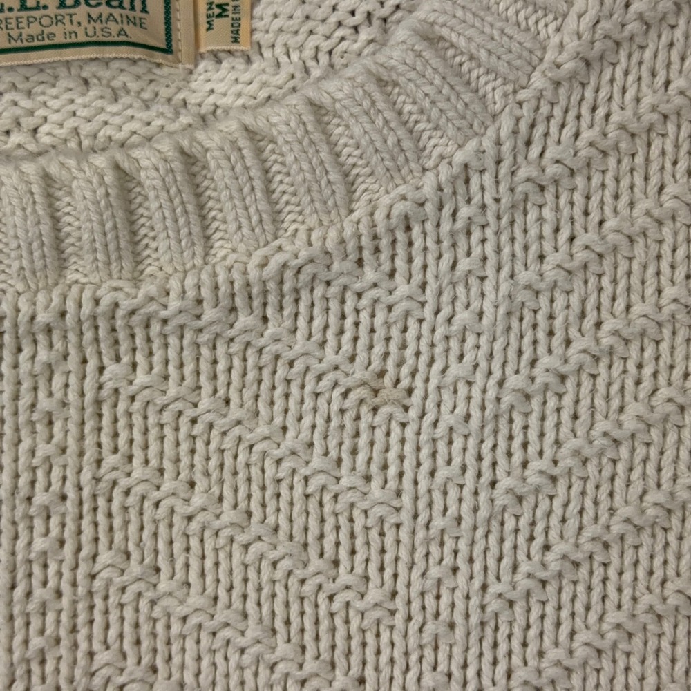 VTG LL Bean Sweater Mens Medium Cream Chevron Textured Cotton Knit USA Made 90s - Picture 5 of 11